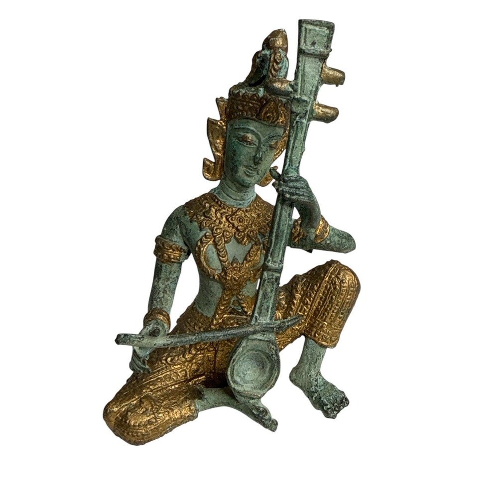 Vintage Thai Musician Figurine Bronze Look Asian Statue Sculpture 6”
